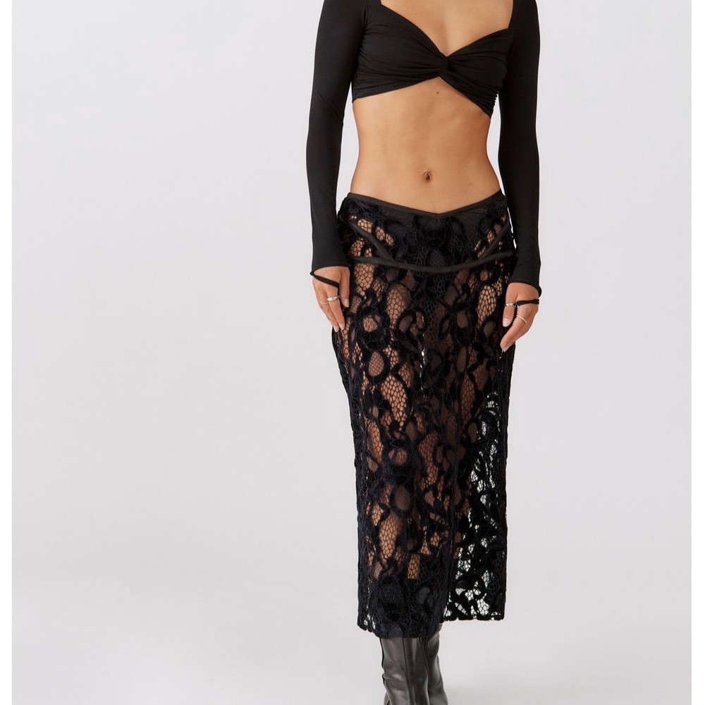 For Love & Lemons Rosemary Sheer Lace Midi Skirt Black Floral V-Waist - Small